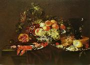 Joris van Son Crustaces  huitre et coupe de fruits avec un verre oil painting artist